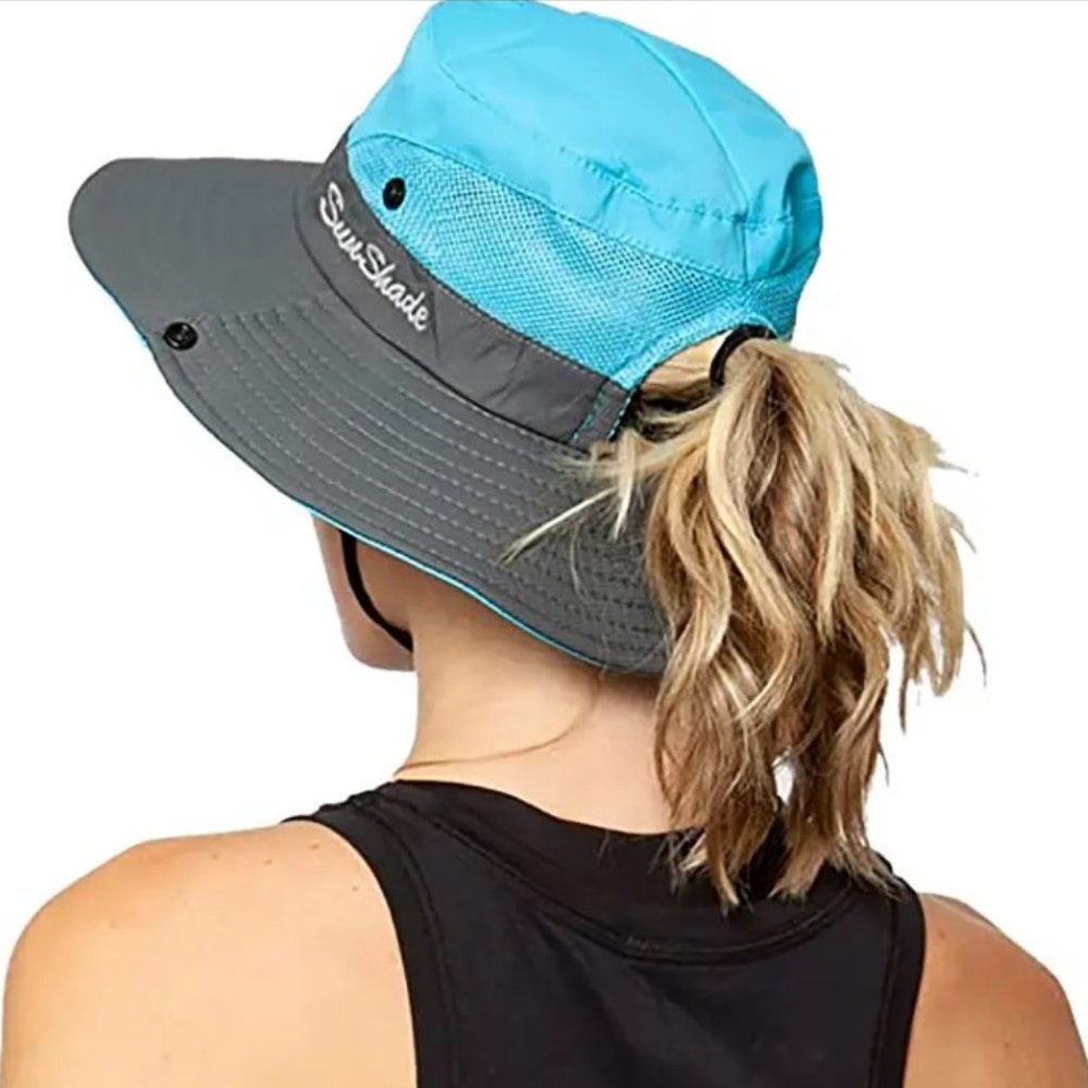 NiB Fun Sun Protection! Unisex Wide Brim Safari, Sun, Fishing Hat Ponytail